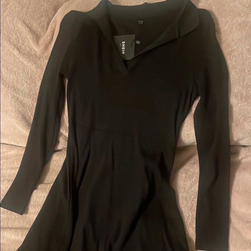 SHEIN Black Long Sleeve Ribbed Dress with Notched Collar